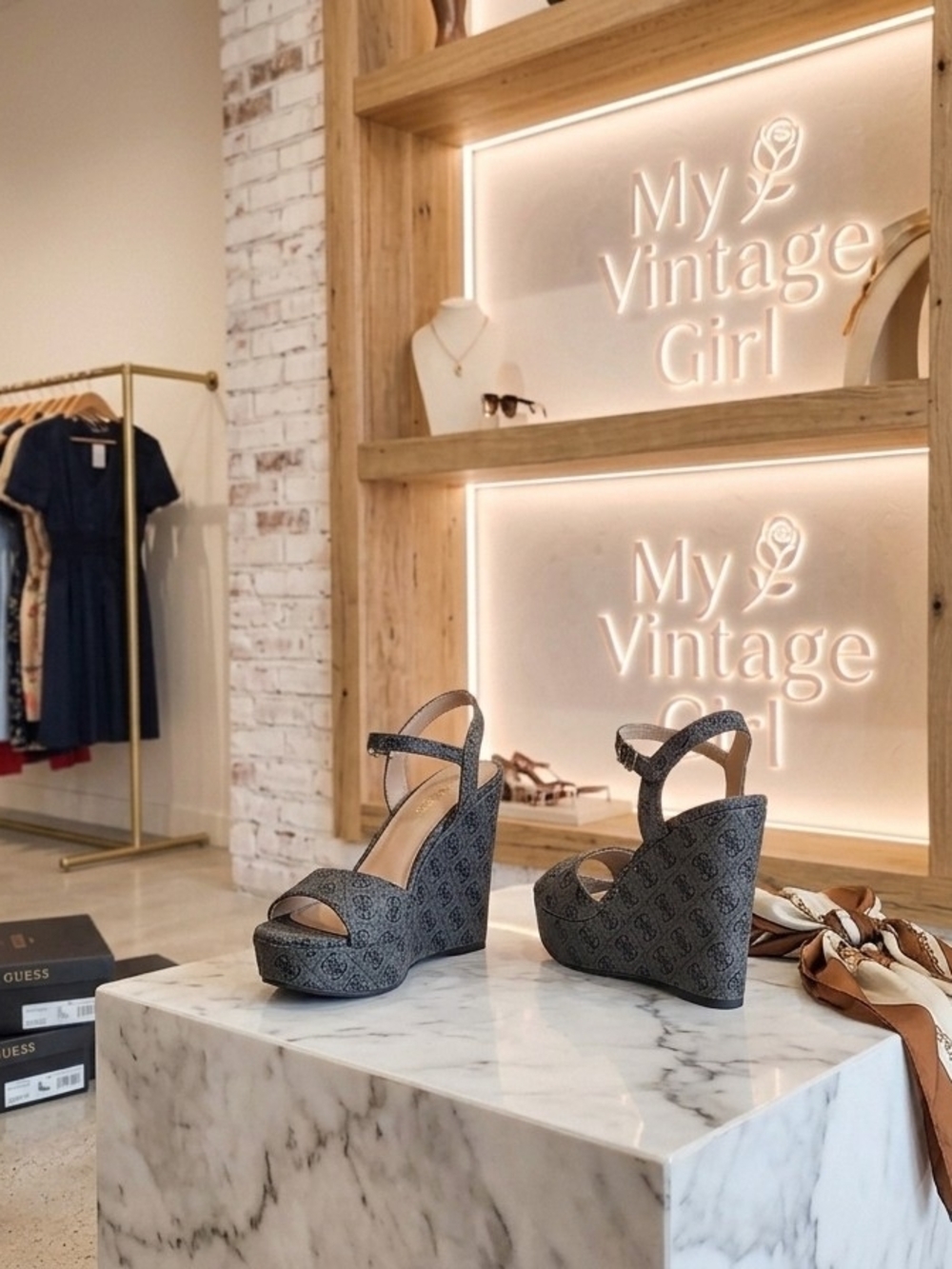 Guess Gray Monogram Platform Wedge Sandals
